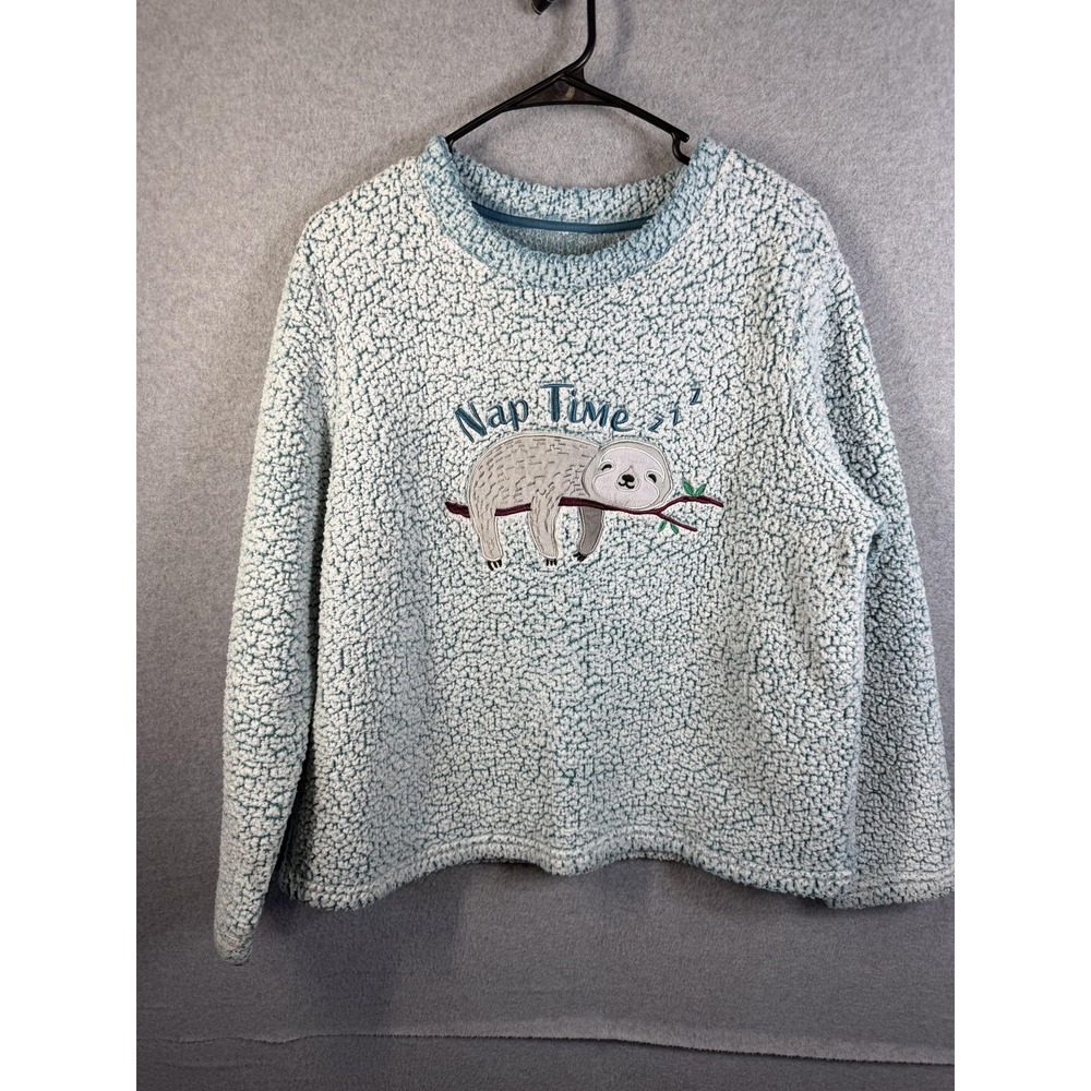 Secret Treasures Pajama Top Womens Large Blue Nap Time Sloth Sherpa Fleece